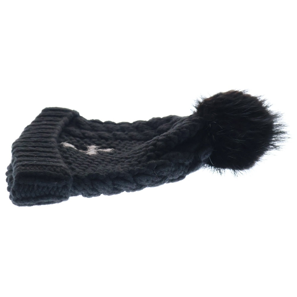 CHROME HEARTS(クロムハーツ) Cashmere Leather knit beanie ボンチョ カシミヤ ビーニー レザークロスパッチ ニット帽 ブラック