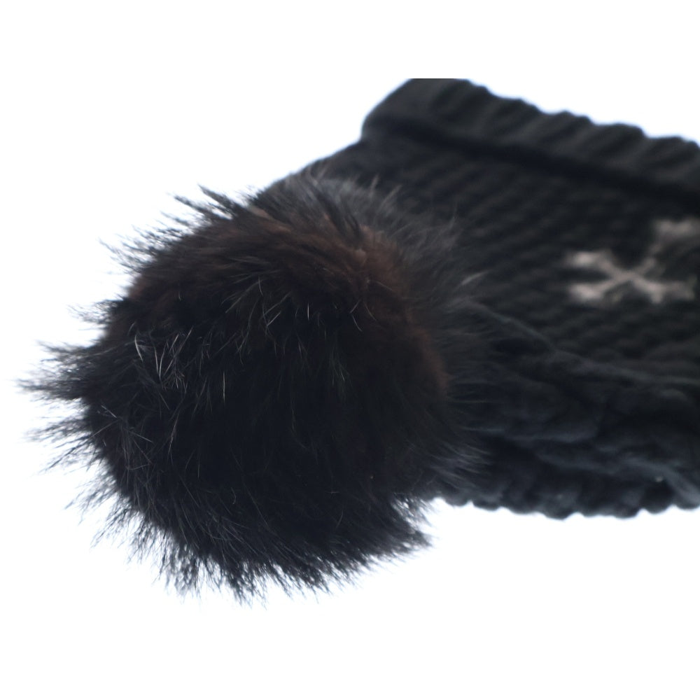 CHROME HEARTS(クロムハーツ) Cashmere Leather knit beanie ボンチョ カシミヤ ビーニー レザークロスパッチ ニット帽 ブラック