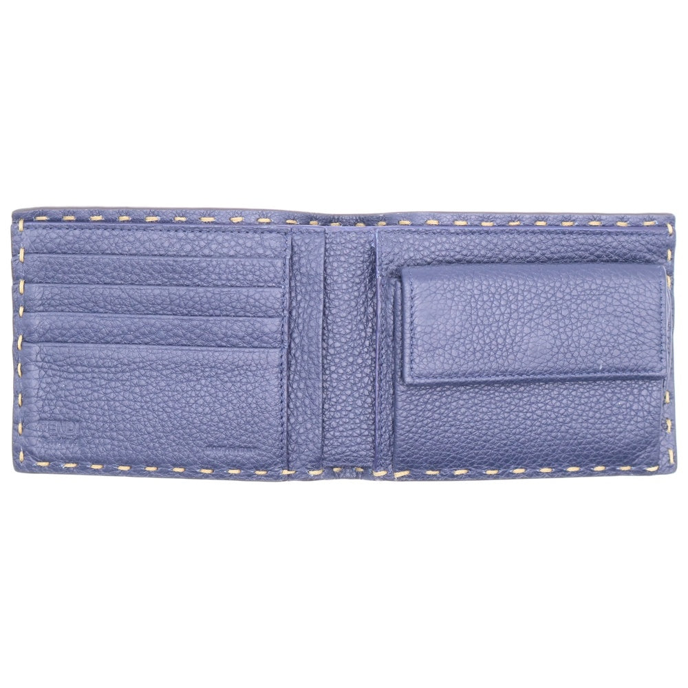 FENDI(フェンディ) セレリア ステッチ ロゴ レザー ウォレット 2つ折り財布 ベージュ/ネイビー 7M0194