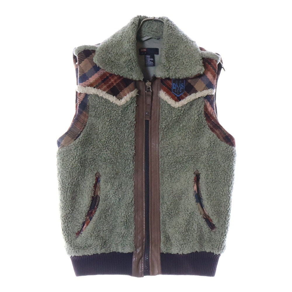 DIESEL(ディーゼル) チェックデザイン フロントジップアップボアベスト フリース グリーン