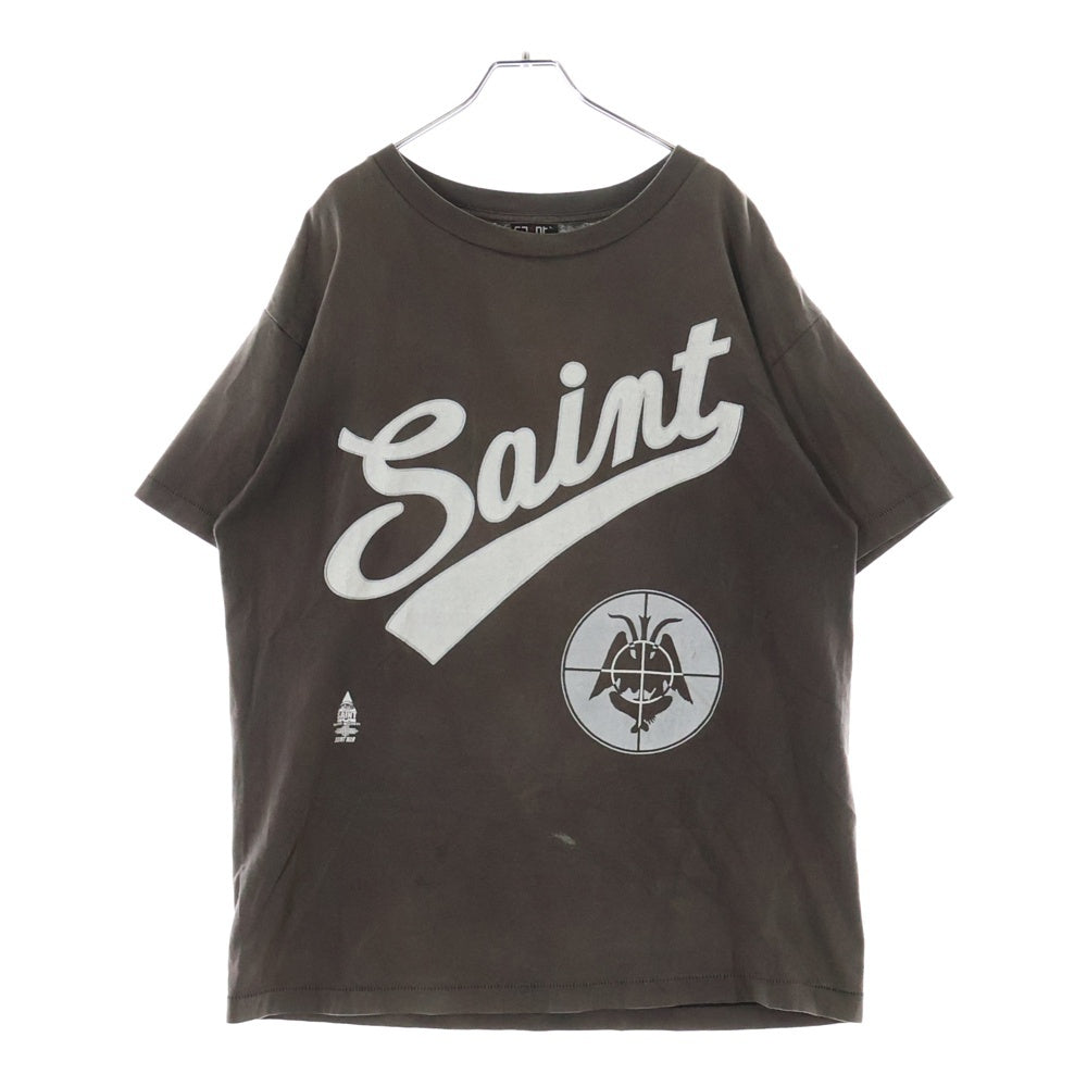 SAINT MICHAEL(セントマイケル) 21AW T-SHIRT FOCUS クルーネックロゴプリント半袖Tシャツ 半袖カットソー ヴィンテージ加工 ブラック SM-A21-0000-002