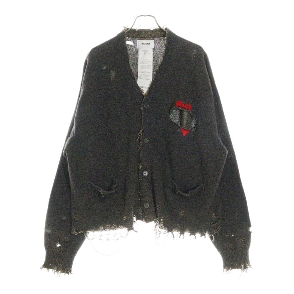 doublet(ダブレット) BROKEN HEART CARDIGAN 23AW56KN136 ダメージ加工 ハート刺繍 カーディガン ブラウン