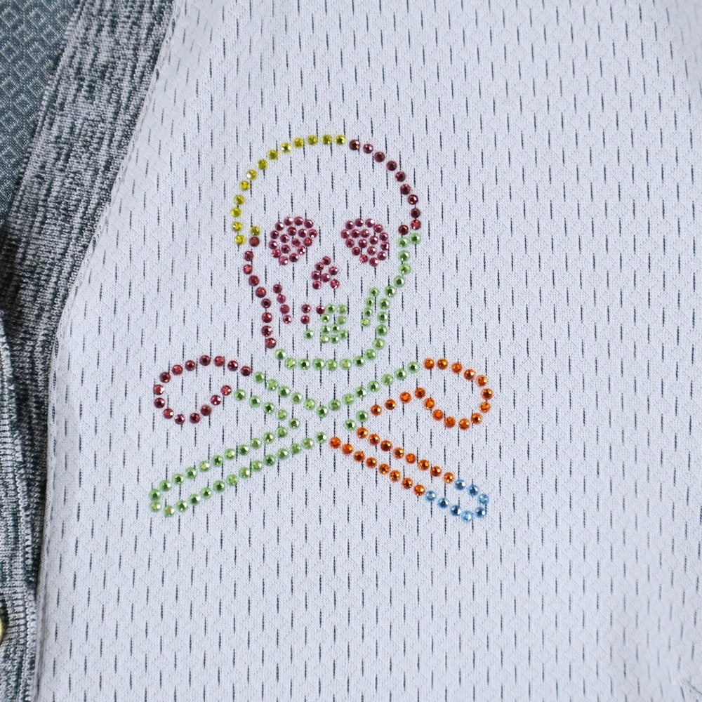 MARK&LONA(マークアンドロナ) POLO SHIRTS ラインストーンスカルロゴデザイン半袖ポロシャツ グレー MLW-9A-AP17