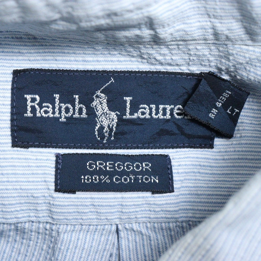 RALPH LAUREN(ラルフローレン) 90s VINTAGE GREGGOR フロントワンポイントロゴ刺繍ポケット ストライプBD長袖シャツ ブルー