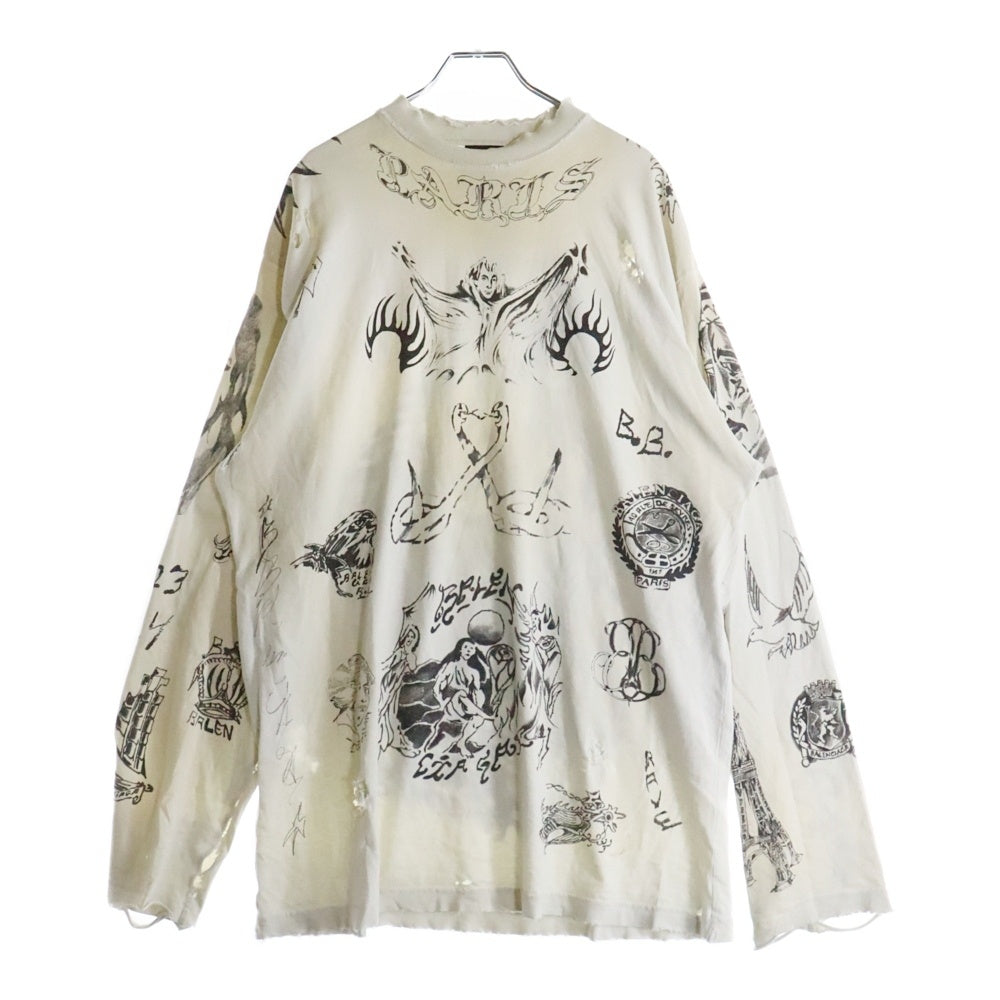BALENCIAGA(バレンシアガ) 24SS Tattoo Distressed 790365 TQVR1 ダメージ加工 総柄プリント クルーネック長袖Tシャツカットソー ロングスリーブ ロンT ホワイト