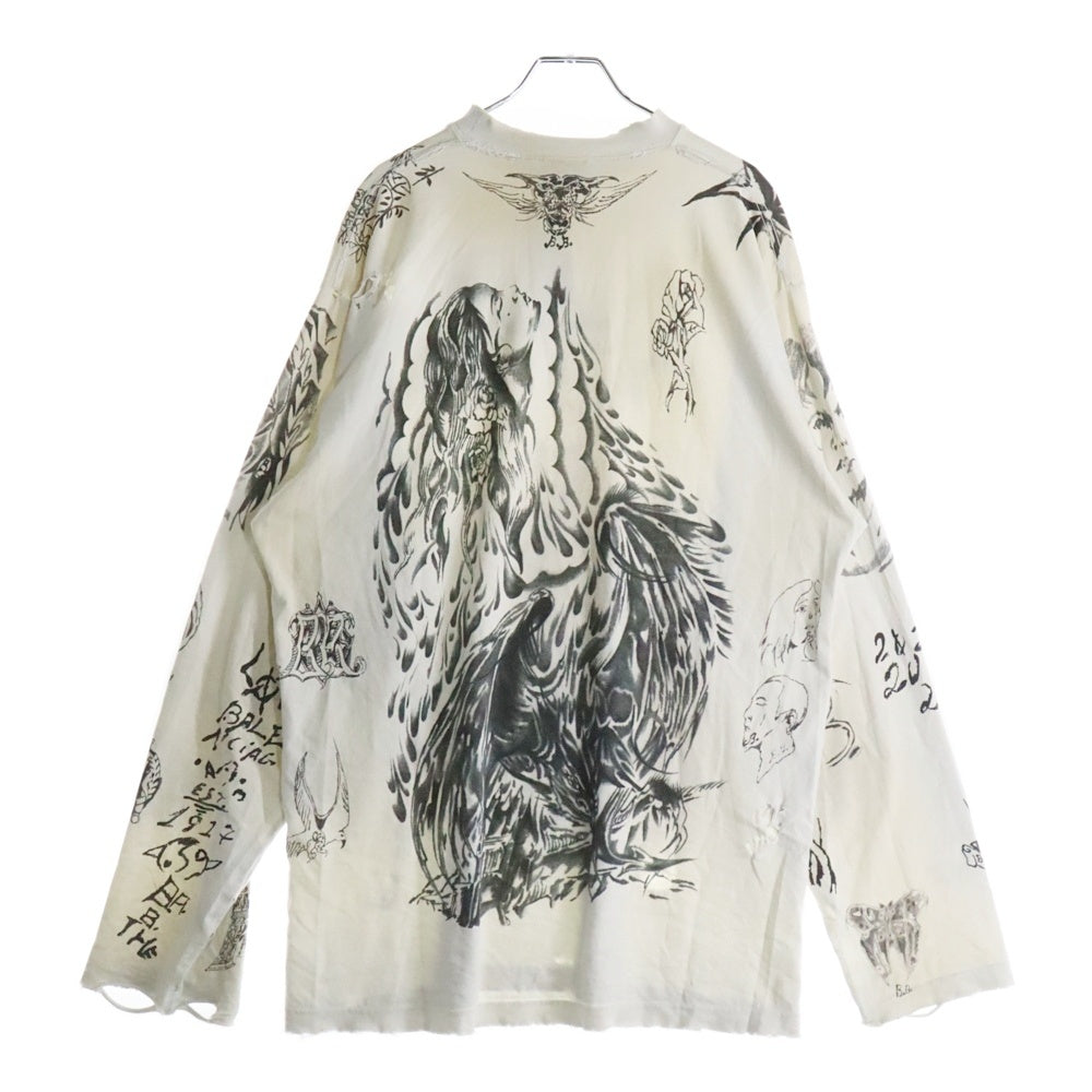 BALENCIAGA(バレンシアガ) 24SS Tattoo Distressed 790365 TQVR1 ダメージ加工 総柄プリント クルーネック長袖Tシャツカットソー ロングスリーブ ロンT ホワイト