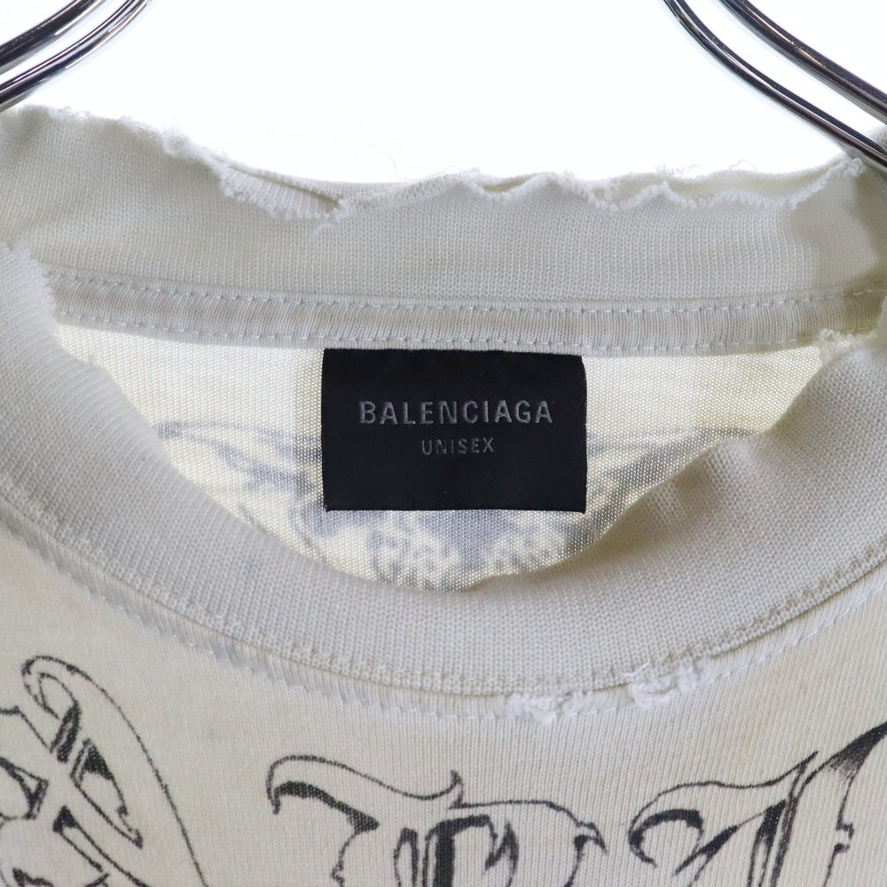 BALENCIAGA(バレンシアガ) 24SS Tattoo Distressed 790365 TQVR1 ダメージ加工 総柄プリント クルーネック長袖Tシャツカットソー ロングスリーブ ロンT ホワイト