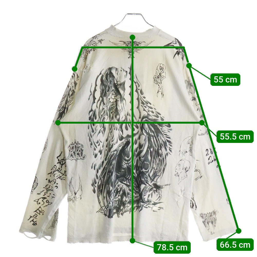 BALENCIAGA(バレンシアガ) 24SS Tattoo Distressed 790365 TQVR1 ダメージ加工 総柄プリント クルーネック長袖Tシャツカットソー ロングスリーブ ロンT ホワイト