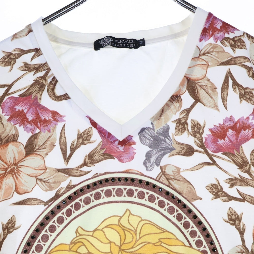 VERSACE(ヴェルサーチ) クラシックV2 花柄 Vネック半袖Tシャツカットソー ホワイト