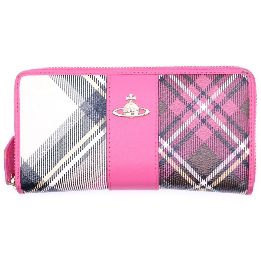Vivienne Westwood(ヴィヴィアンウエストウッド) LONG WALLET 長財布 チェック ラウンドジップ レザーロングウォレット ピンク