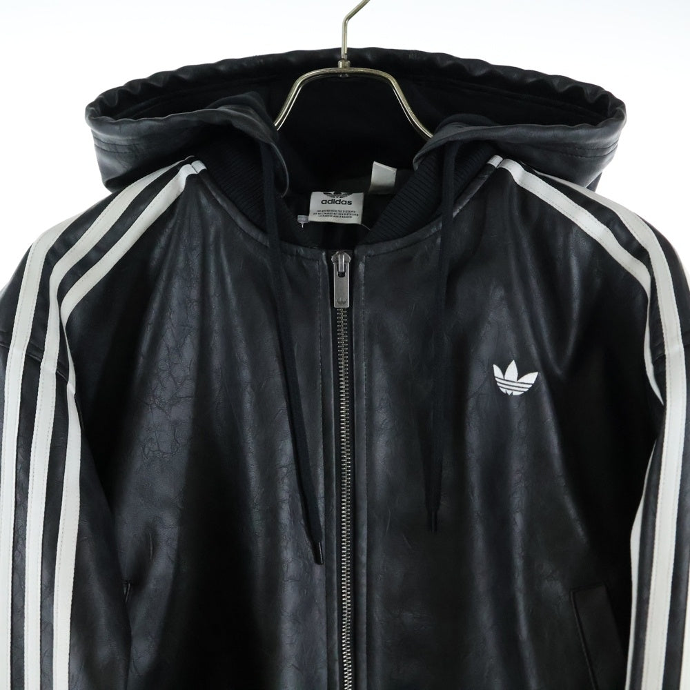adidas Originals(アディダスオリジナルス) Vintage Fake Leather Jacket ヴィンテージ フーデッド フェイクレザージャケット ブラック JX9225
