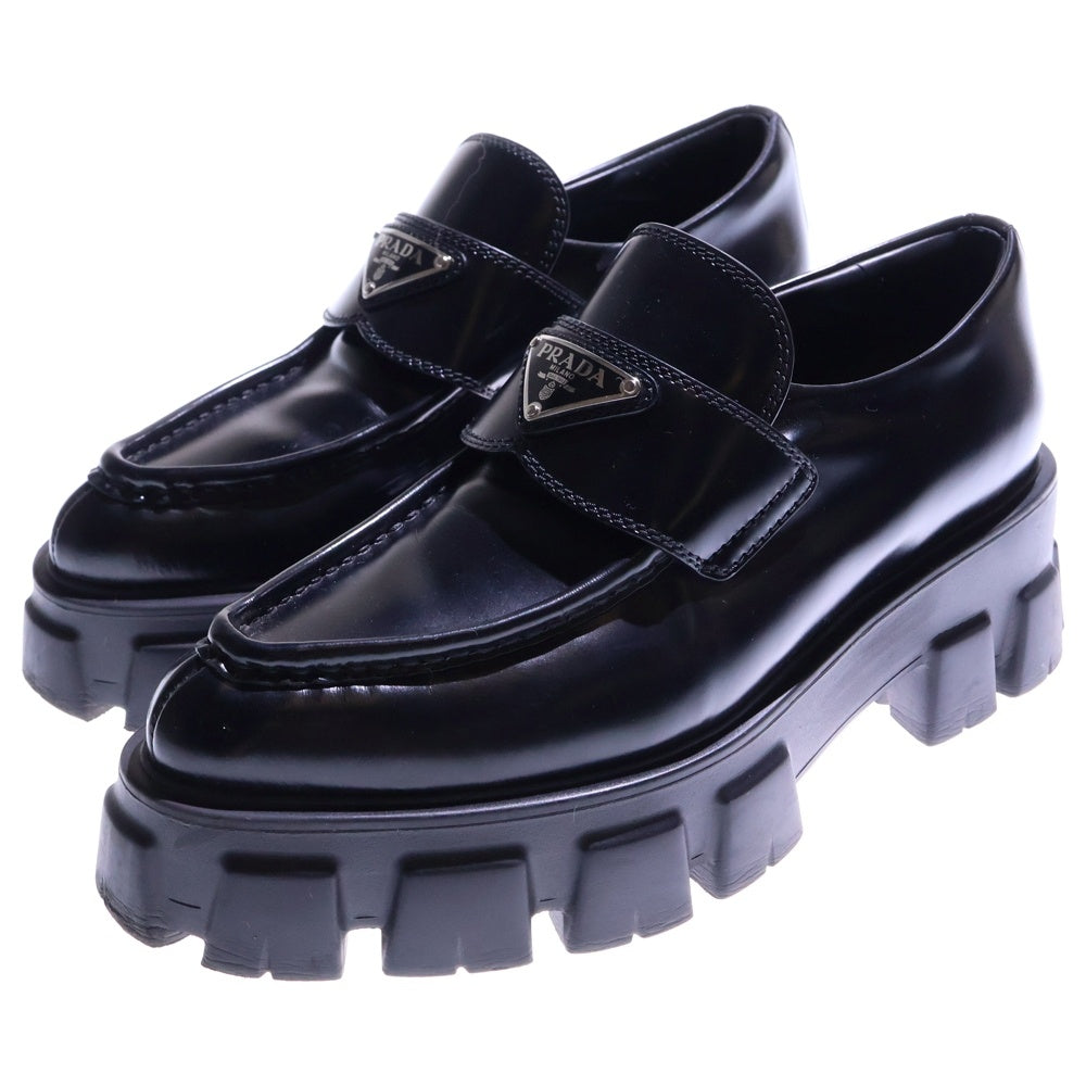 PRADA(プラダ) Monolith Pointy Brushed Leather Loafers 1D663M モノリス ブラッシュドレザー ローファー トライアングルロゴプレート ブラック レディース