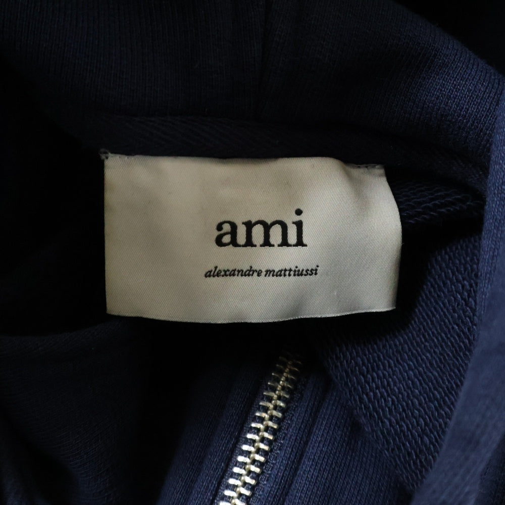 AMI Alexandre Mattiussi(アミアレクサンドルマテュッシ) AMI DE COEUR ZIPPED HOODIE HSW460.730 ロゴ刺繍ジップアップパーカー フーディー ネイビー