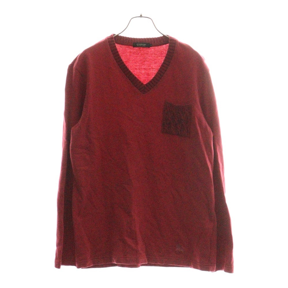 BURBERRY BLACK LABEL(バーバリー ブラックレーベル) ニットポケットデザイン フロントワンポイントロゴ刺繍 VネックロングスリーブTシャツカットソー ロンT レッド D1P02-501-14