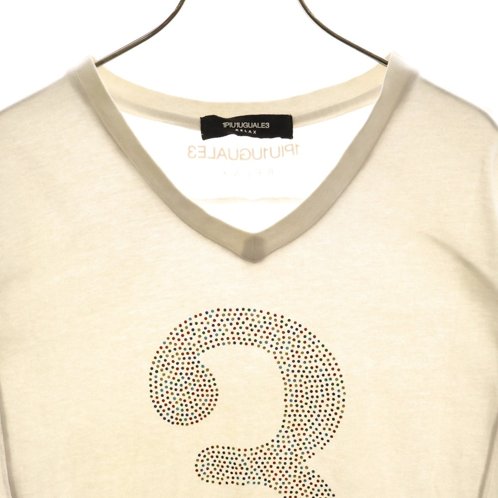 1 PIU 1 UGUALE 3(ウノピゥウノウグァーレトレ) ラインストーン ナンバリング クルーネック半袖Tシャツカットソー ホワイト レディース