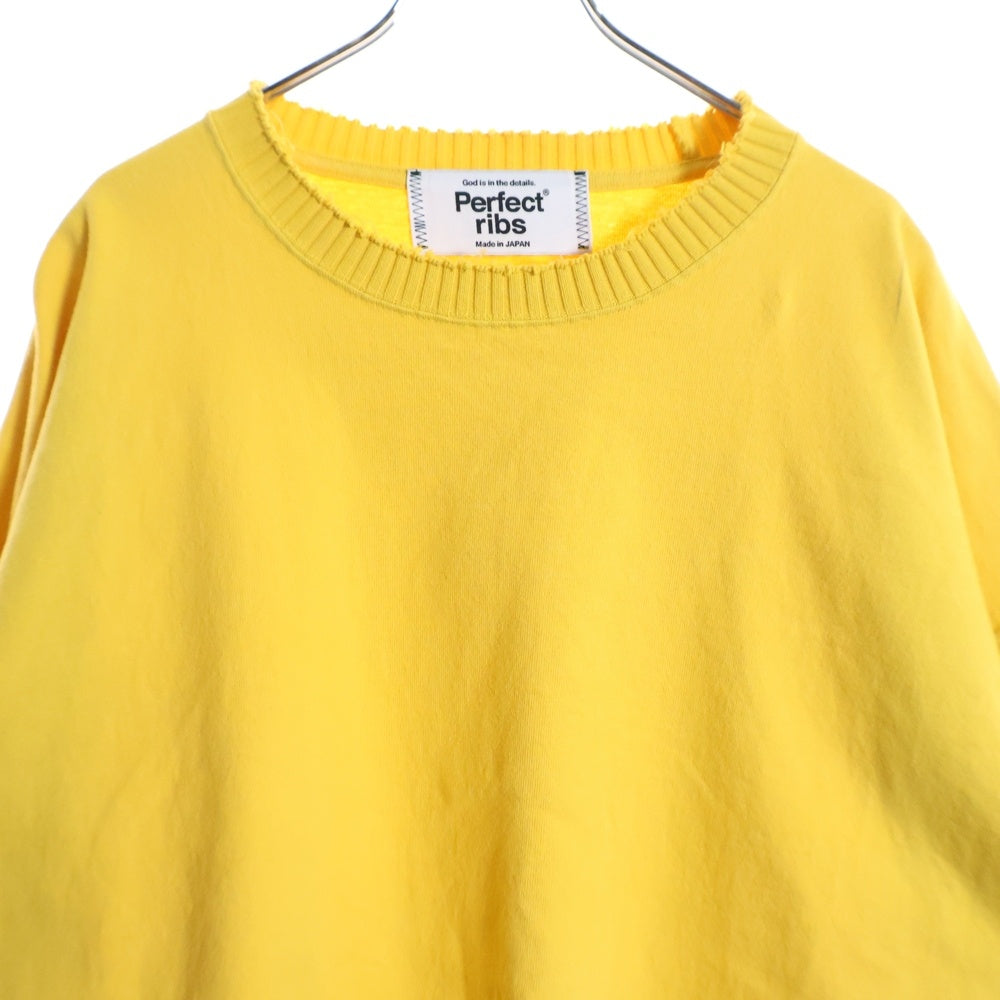 Perfect Ribs(パーフェクトリブス) ネックダメージ加工 クルーネック長袖Tシャツカットソー ロングスリーブ ロンT イエロー