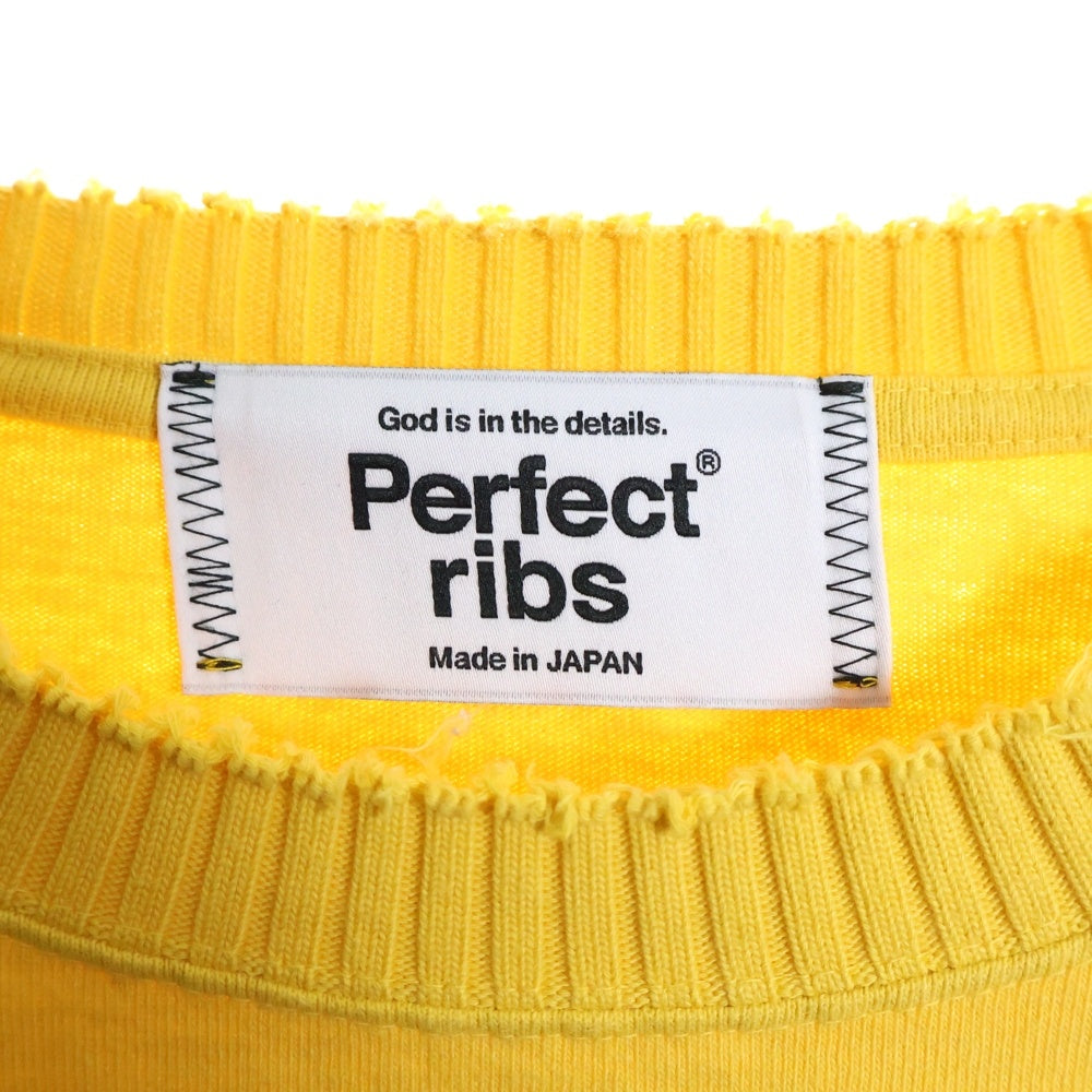 Perfect Ribs(パーフェクトリブス) ネックダメージ加工 クルーネック長袖Tシャツカットソー ロングスリーブ ロンT イエロー