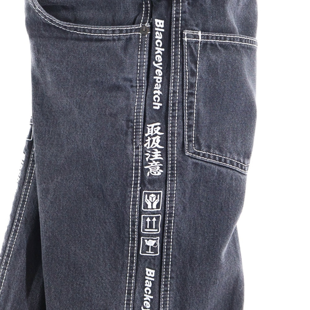 THE BLACK EYE PATCH(ブラックアイパッチ) サイドロゴ刺繍 ステッチデザイン ワイドデニムパンツ ジーンズ グレー