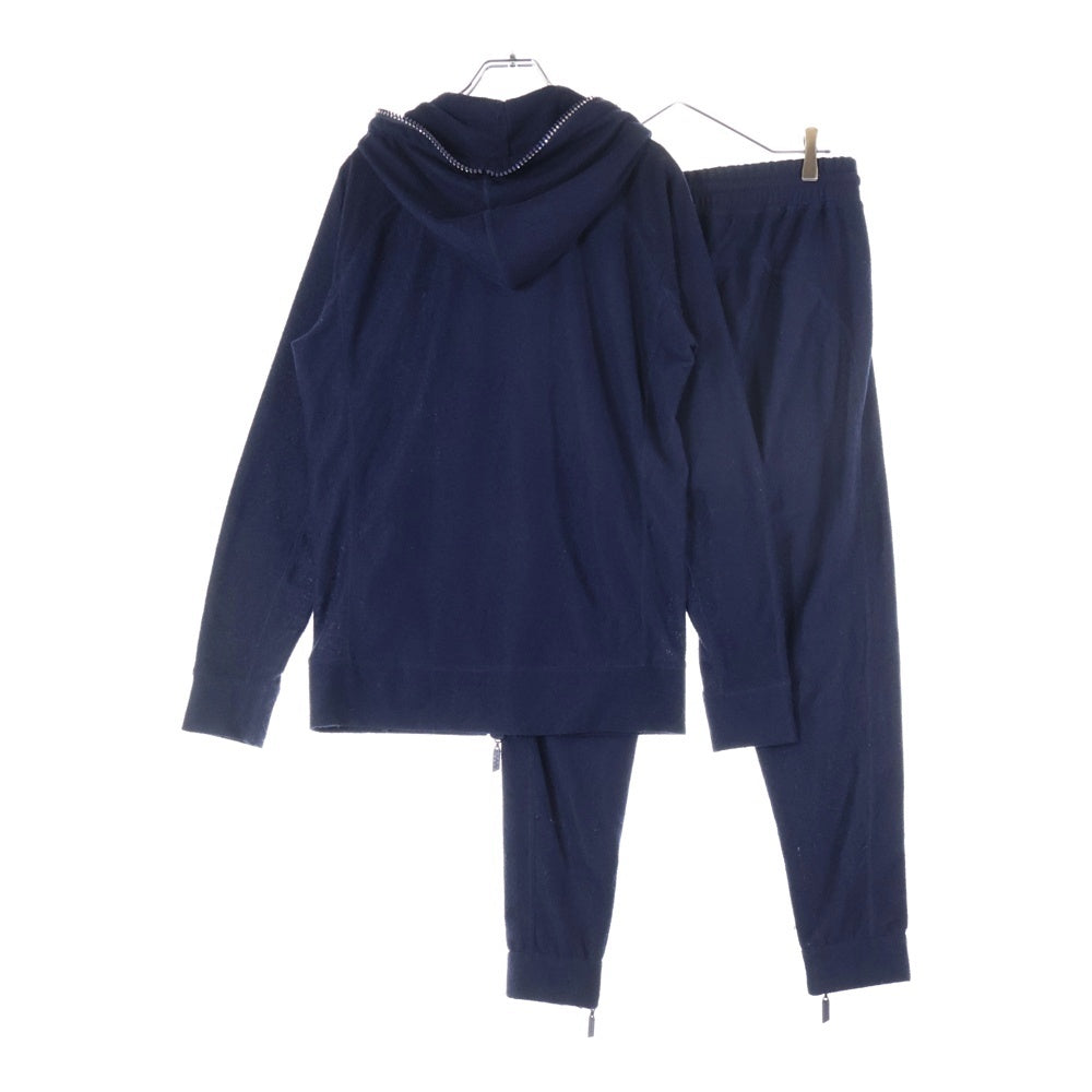1 PIU 1 UGUALE 3 RELAX(ウノピゥウノウグァーレトレ) ラインストーン付き タオル地 ワンポイントロゴ ジップアップパーカー フーディ セットアップ ドローコード付き イージーパンツ ネイビー