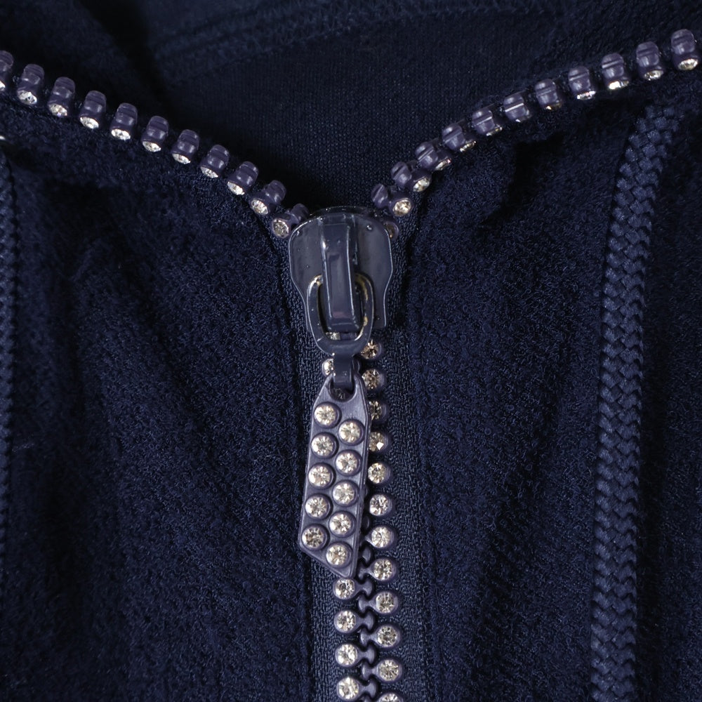 1 PIU 1 UGUALE 3 RELAX(ウノピゥウノウグァーレトレ) ラインストーン付き タオル地 ワンポイントロゴ ジップアップパーカー フーディ セットアップ ドローコード付き イージーパンツ ネイビー