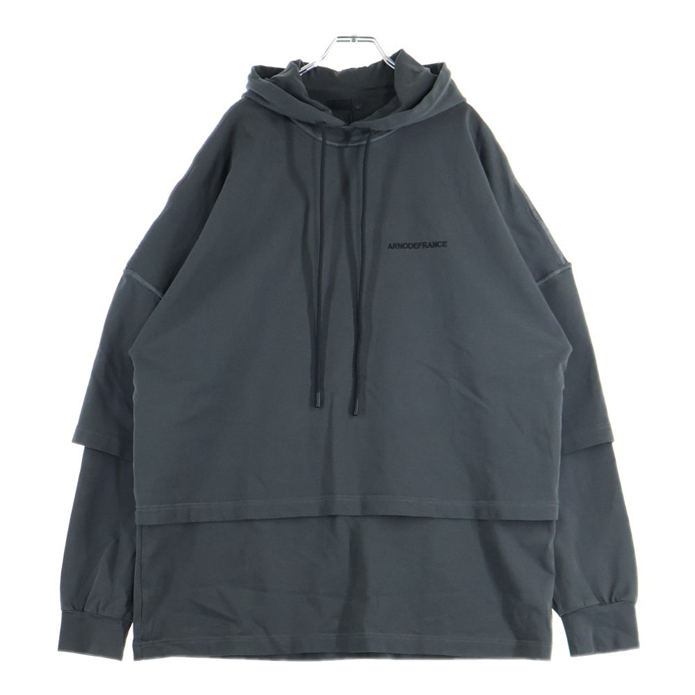 ARNODEFRANCE(アーノルデフランス) HOODED TEE OVERLAPPED ワンポイントロゴ レイヤード プルオーバーパーカー フーディ グレー