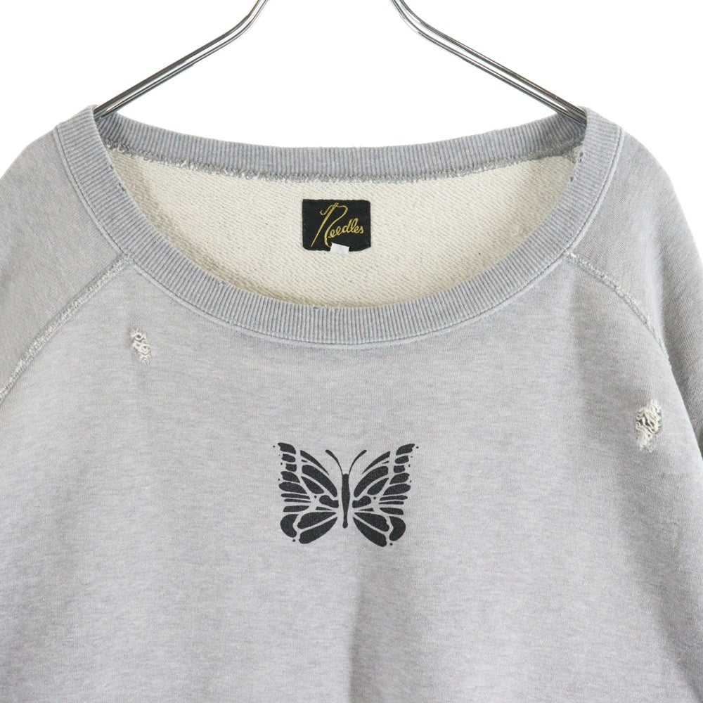 Needles(ニードルス) DECONSTRUCTED SWEATSHIRT-FRENCHTERRY RW336 刺繍ロゴ ダメージ加工 クルーネック長袖スウェットトレーナー グレー