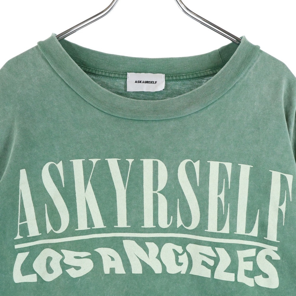 ASKYURSELF(アスクユアセルフ) フロントプリント アームプリント クルーネック長袖Tシャツカットソー ロングスリーブ ロンT グリーン