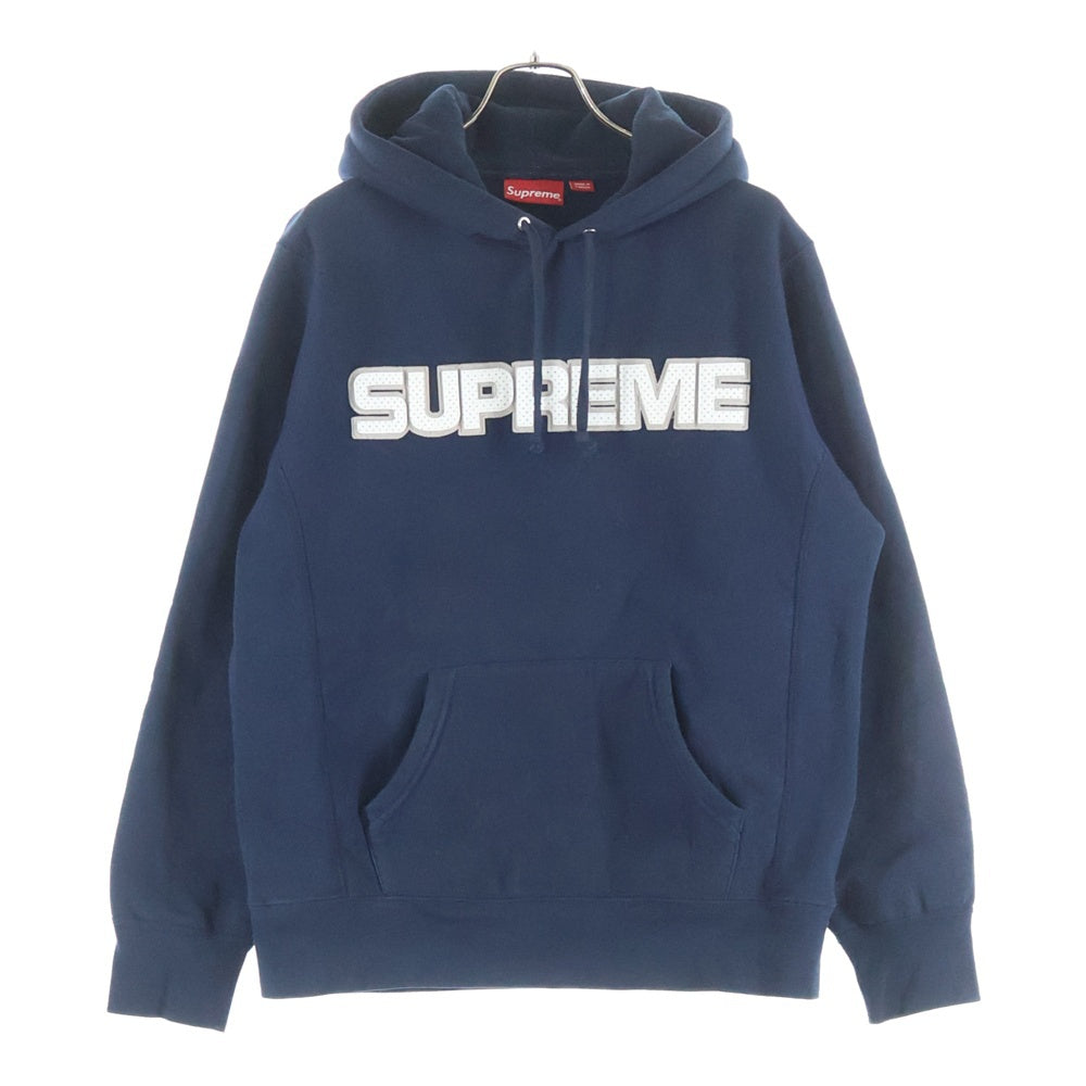 SUPREME(シュプリーム) 18AW Perforated Leather Hooded Sweatsshirt フロントロゴプルオーバーパーカー フーディ ネイビー