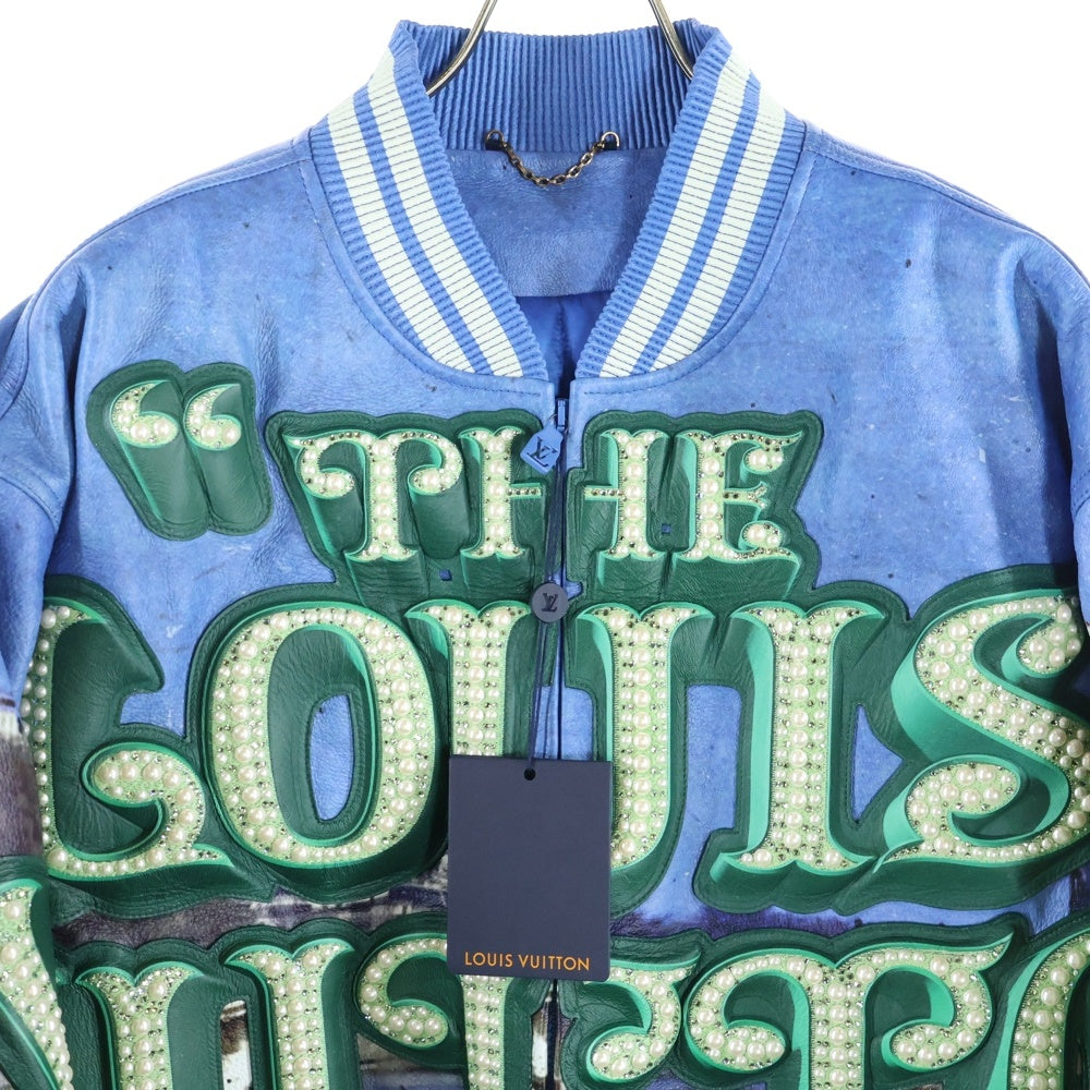 LOUIS VUITTON(ルイヴィトン) 24SS Embroidered Leather Jacket Made to Order エンブロイダリー パール レザー ジップジャケット スタジャン ブルゾン ブルー/グリーン RM241 GIP HQL67E