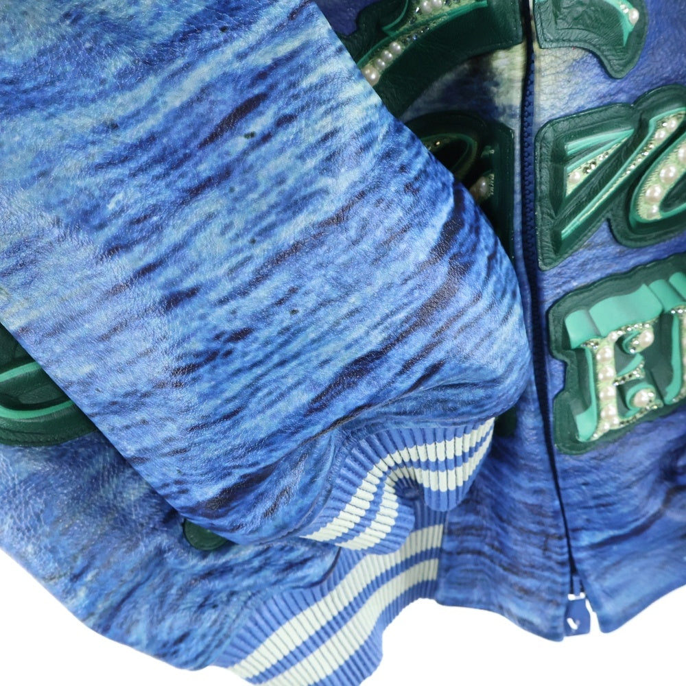 LOUIS VUITTON(ルイヴィトン) 24SS Embroidered Leather Jacket Made to Order エンブロイダリー パール レザー ジップジャケット スタジャン ブルゾン ブルー/グリーン RM241 GIP HQL67E