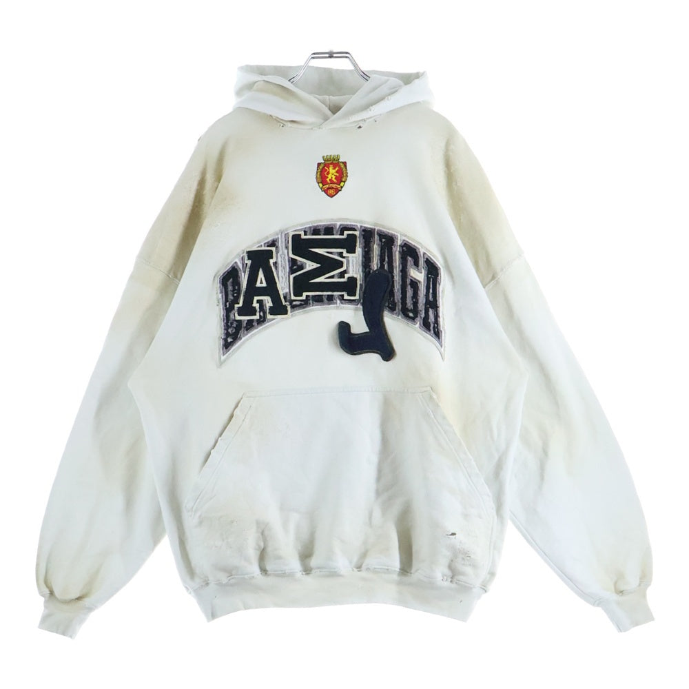 BALENCIAGA(バレンシアガ) 23SS SKATER HOODIE クラッシュダスト加工ワッペンプルオーバースウェットパーカー アイボリー 739024 TOVN3