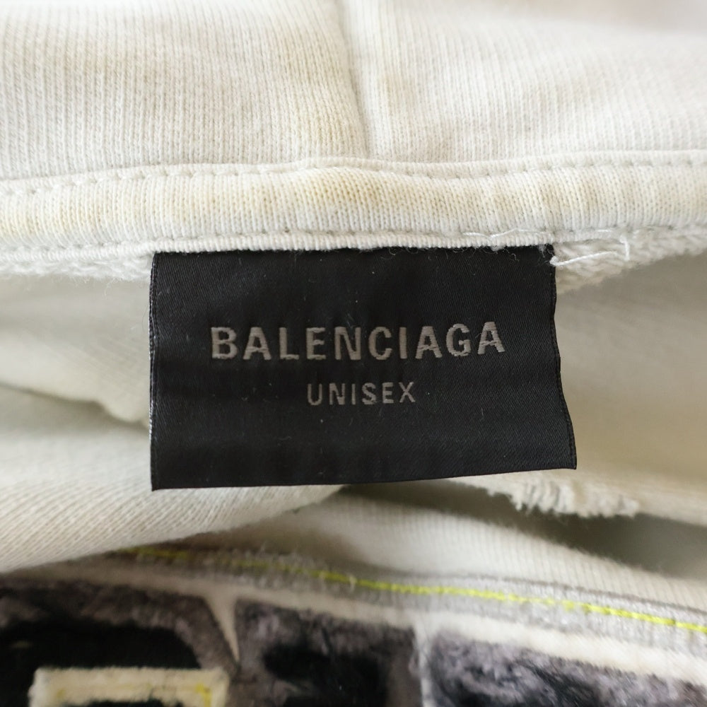 BALENCIAGA(バレンシアガ) 23SS SKATER HOODIE クラッシュダスト加工ワッペンプルオーバースウェットパーカー アイボリー 739024 TOVN3