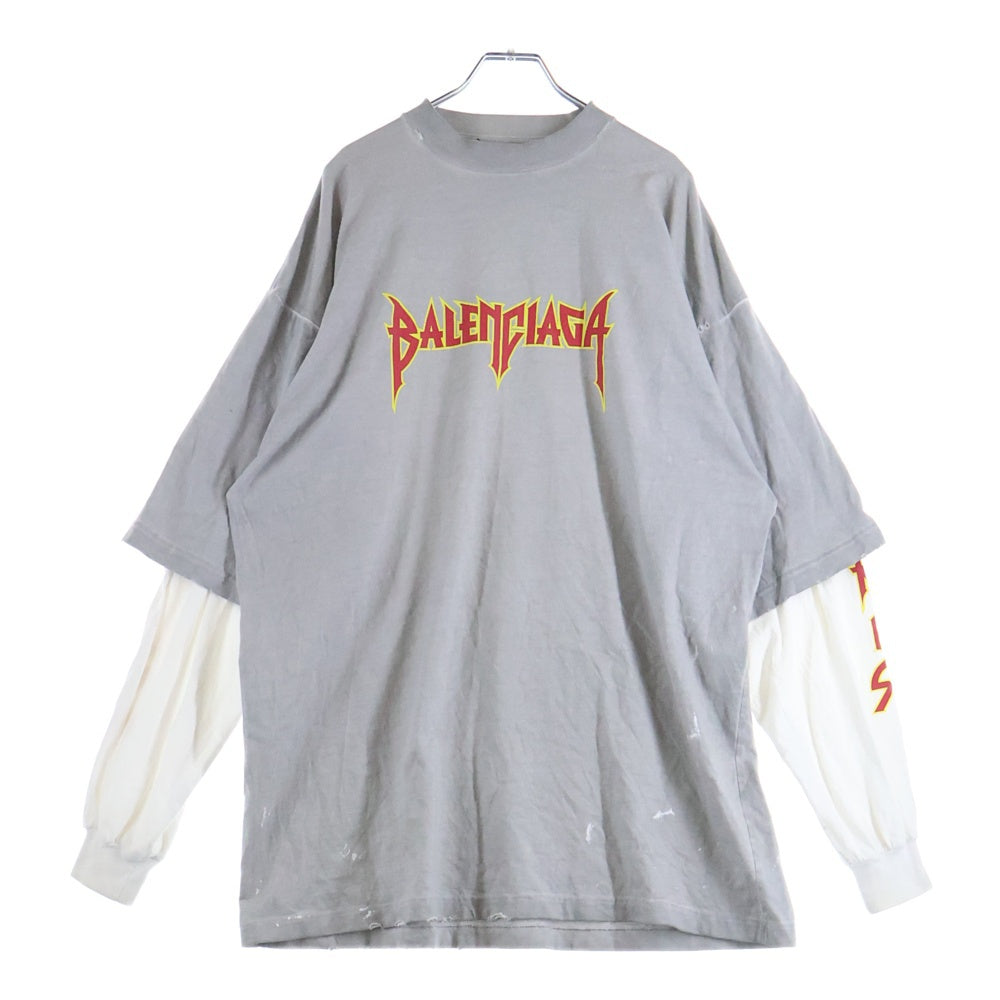 BALENCIAGA(バレンシアガ) 22SS METAL DOUBLE SLEEVE ダメージ加工 メタルロゴ ダブルスリーブ ロングスリーブカットソー 長袖Tシャツ グレー 698089 TMV88