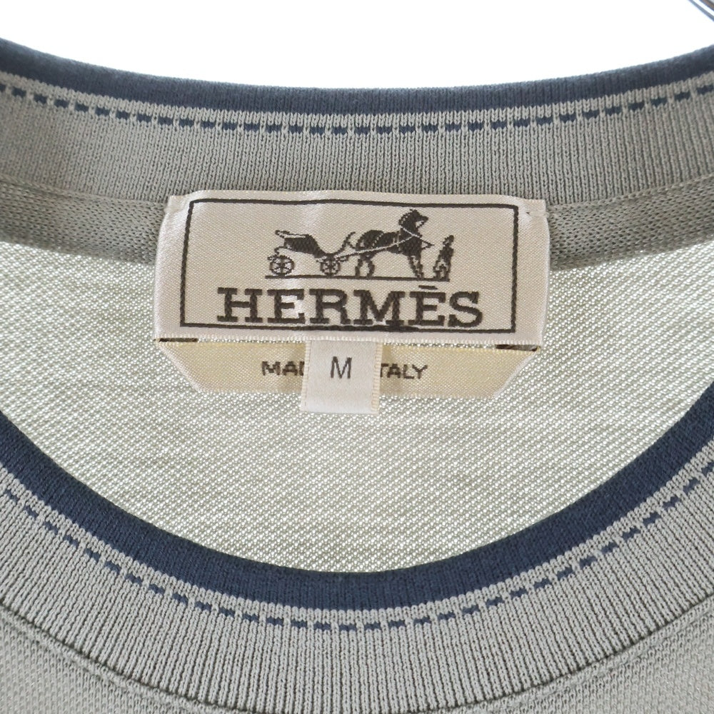 HERMES(エルメス) サドルステッチ ワンポイントロゴ刺繍 半袖シャツ カットソー クルーネック 胸ポケット Tシャツ グレー