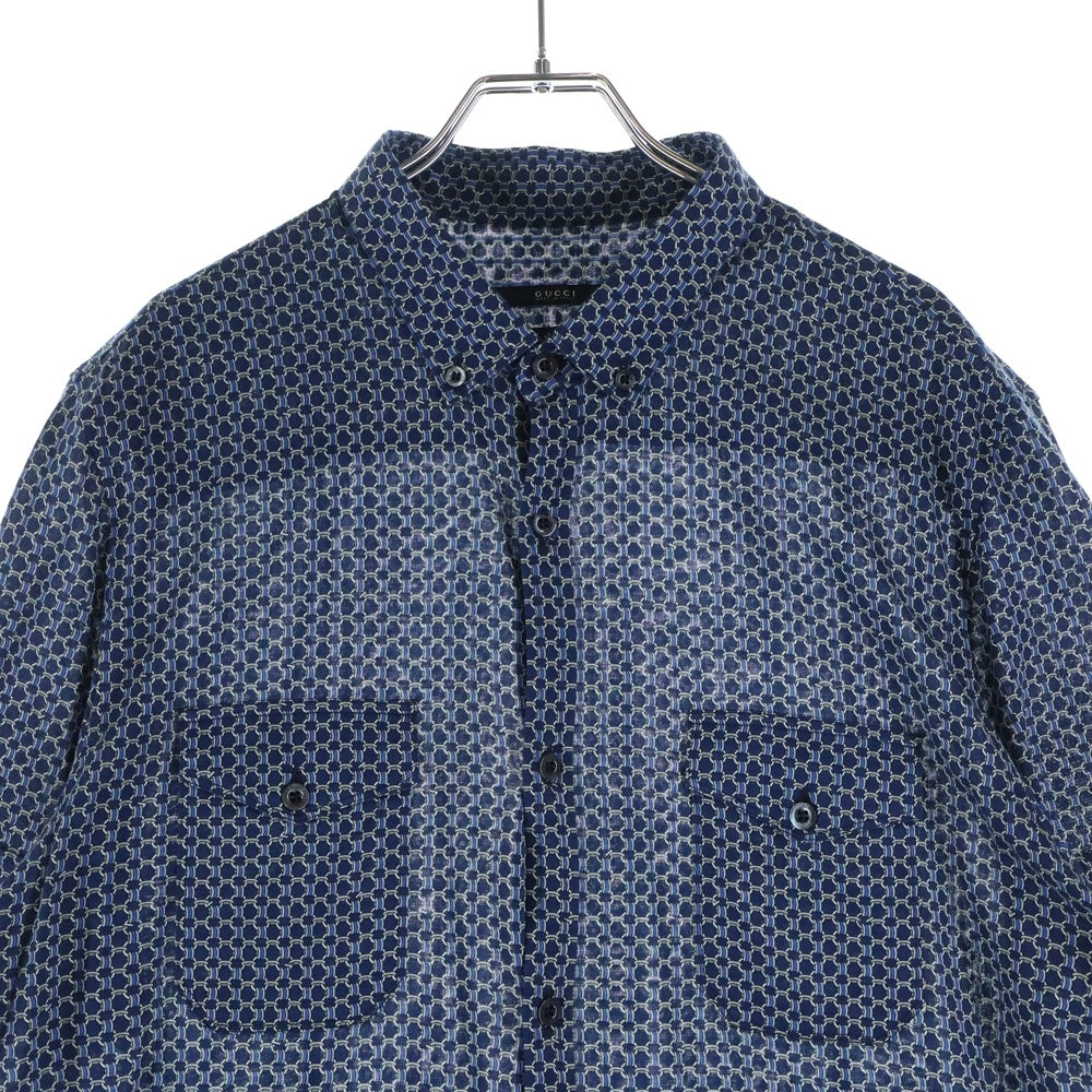 GUCCI(グッチ) シルク ワークシャツ 半袖シャツ カットソー ボタンダウン 総柄 ネイビー 232150 Z7536