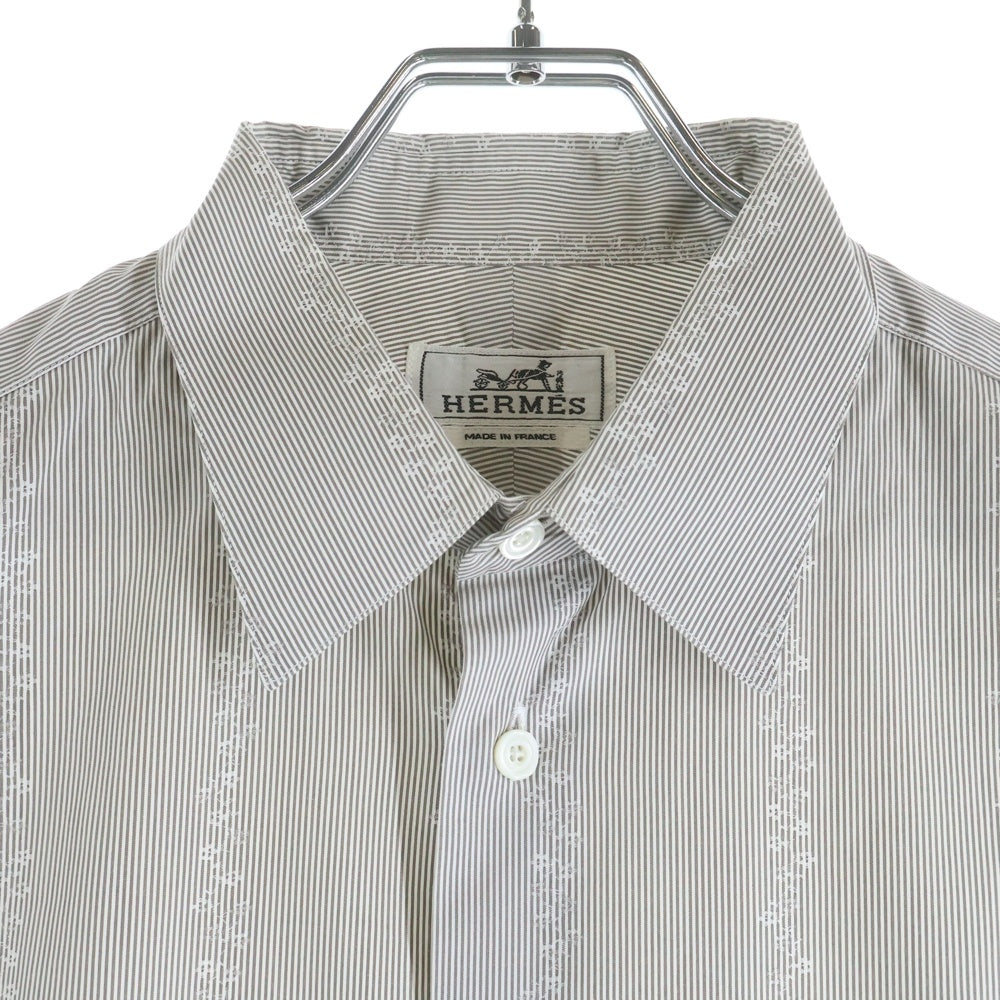 HERMES(エルメス) セリエボタン ドレスシャツ 長袖シャツ カットソー フラワーライン ボーダー グリーン
