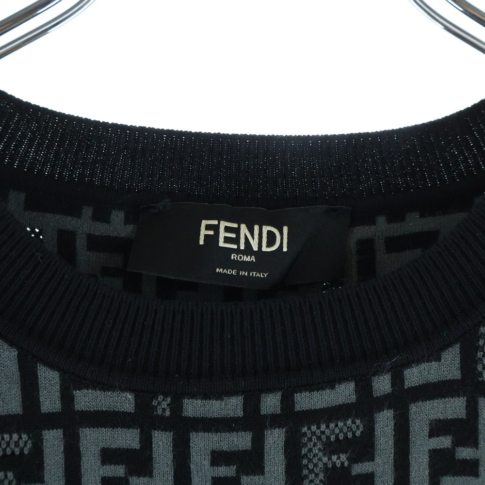 FENDI(フェンディ) ズッカ柄 サーマルニット クルーネック半袖ニットセーター ブラック FZY443 AKEW