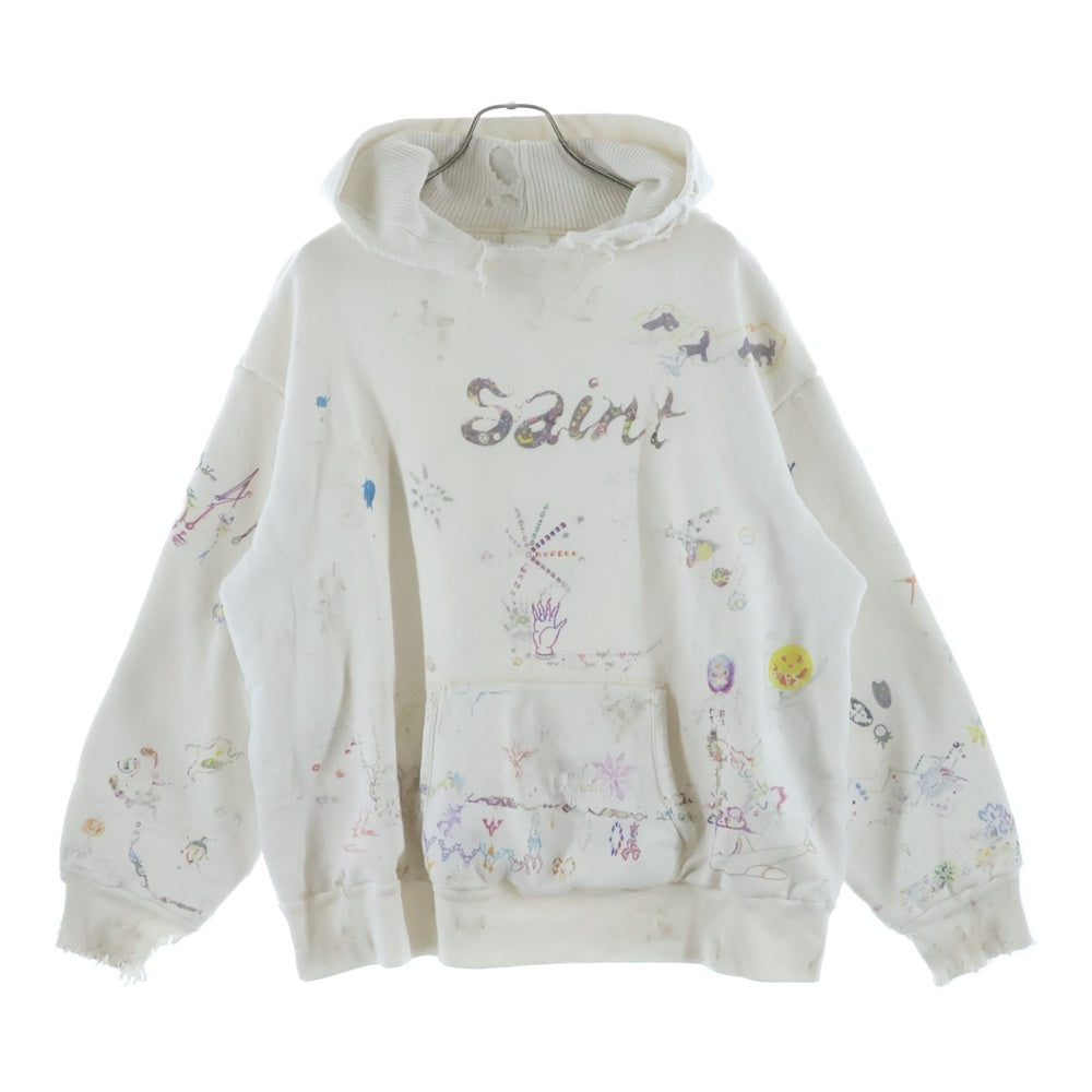 SAINT MICHAEL(セントマイケル) 26SS COCO_DOUBLE FACE HOODIE ダメージ加工 総柄プリント プルオーバーフーディー ホワイト SM-MK8-0000-C17