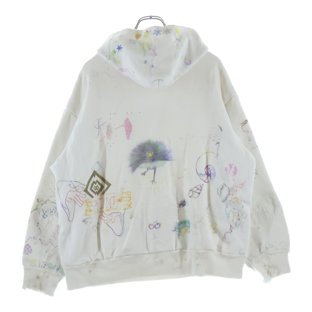 SAINT MICHAEL(セントマイケル) 26SS COCO_DOUBLE FACE HOODIE ダメージ加工 総柄プリント プルオーバーフーディー ホワイト SM-MK8-0000-C17