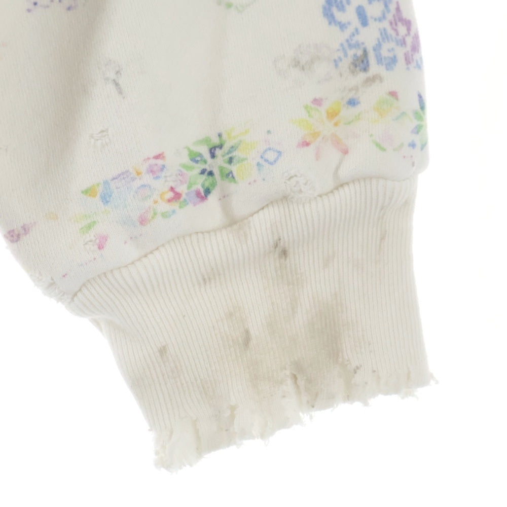 SAINT MICHAEL(セントマイケル) 26SS COCO_DOUBLE FACE HOODIE ダメージ加工 総柄プリント プルオーバーフーディー ホワイト SM-MK8-0000-C17