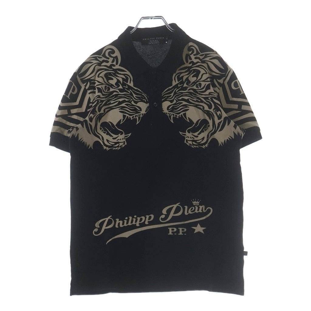 Philipp Plein(フィリッププレイン) HOMME タイガー ラインストーン ポロシャツ プリント 半袖Tシャツ カットソー ブラック