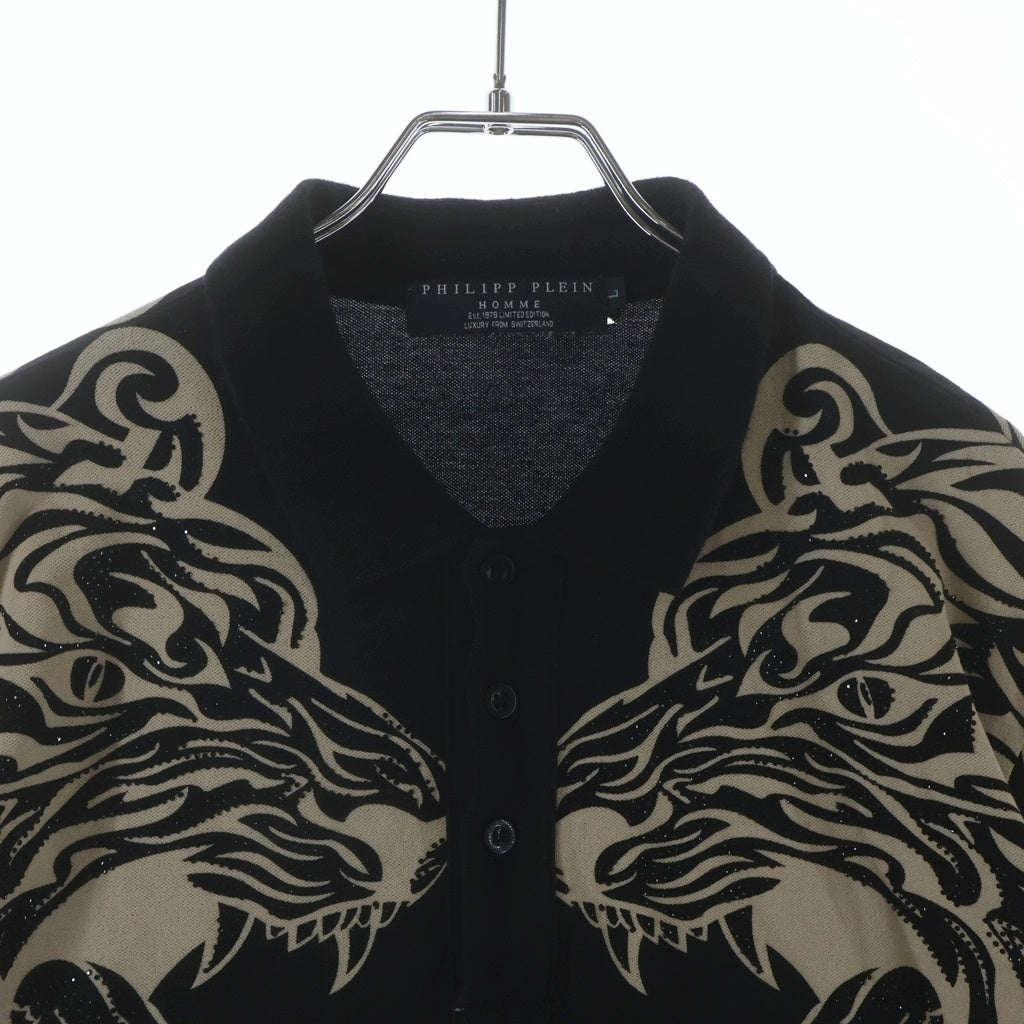 Philipp Plein(フィリッププレイン) HOMME タイガー ラインストーン ポロシャツ プリント 半袖Tシャツ カットソー ブラック
