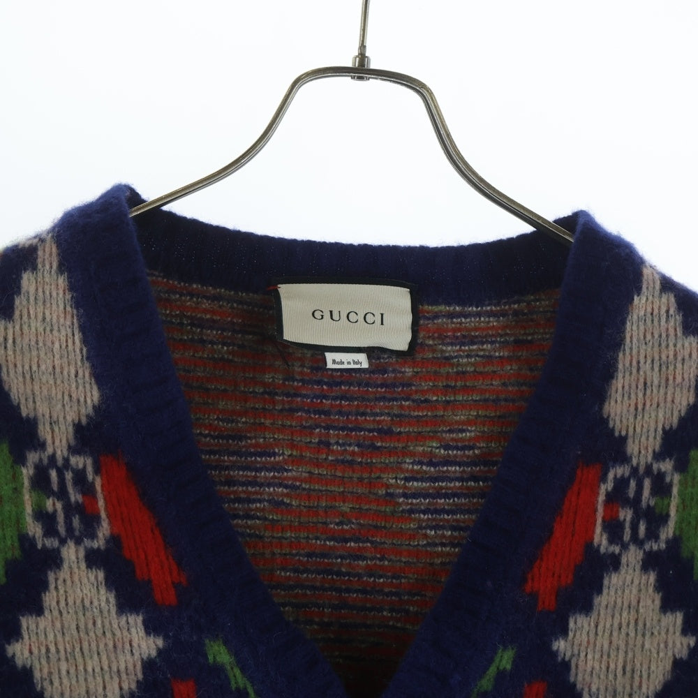 GUCCI(グッチ) 22SS GG Rhombus Wool Cardigan 'Blue' GGロムバス ウール カーディガン 長袖ニット マルチカラー レッド/ネイビー 599284 XKA3M