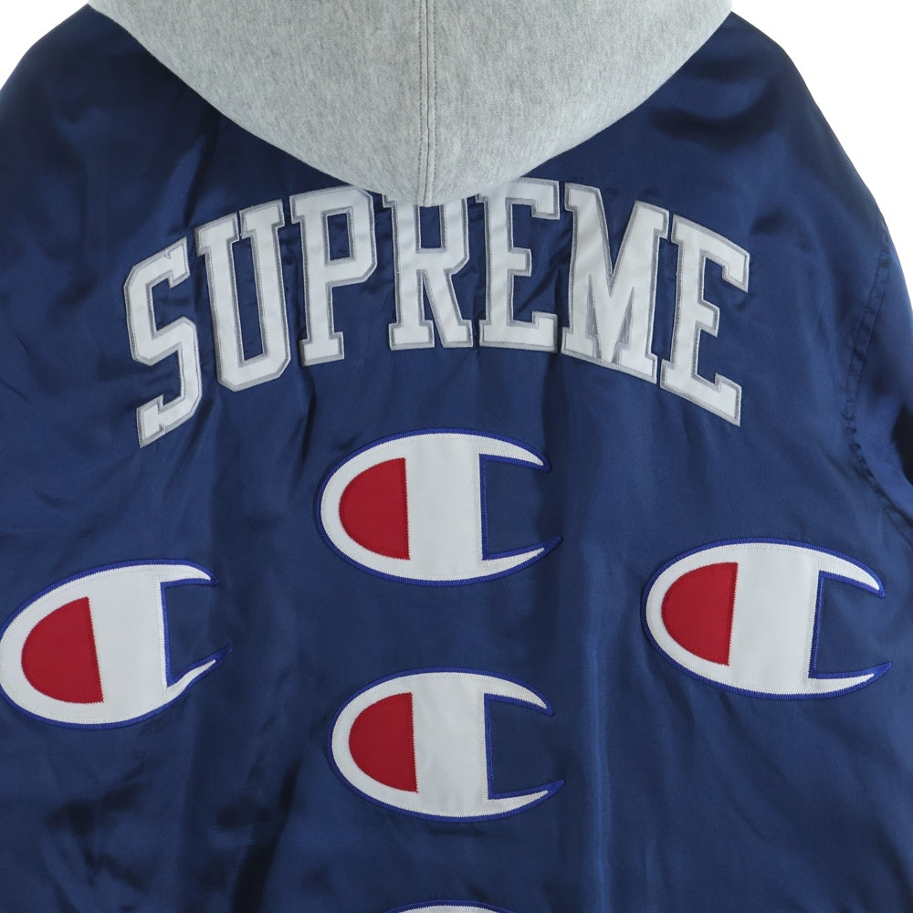 SUPREME(シュプリーム) 18AW ×Champion Hooded Satin Varsity Jacket チャンピオン フーデッドサテン ヴァーシティジャケット ブルゾンジャケット ネイビー