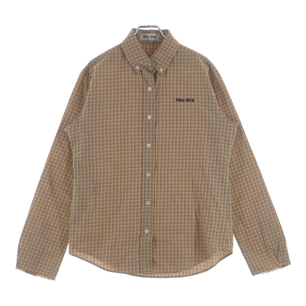 miumiu(ミュウミュウ) 24SS Checked Shirt MK1842 フロントロゴ刺繍 チェック柄 ボタンダウン長袖シャツ ベージュ レディース