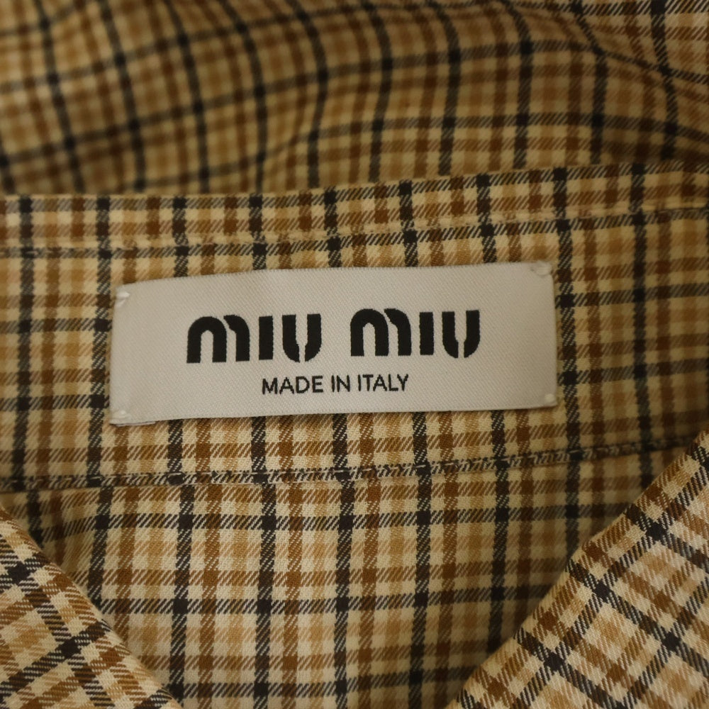 miumiu(ミュウミュウ) 24SS Checked Shirt MK1842 フロントロゴ刺繍 チェック柄 ボタンダウン長袖シャツ ベージュ レディース