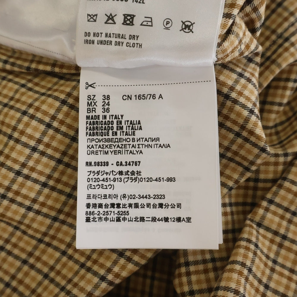 miumiu(ミュウミュウ) 24SS Checked Shirt MK1842 フロントロゴ刺繍 チェック柄 ボタンダウン長袖シャツ ベージュ レディース