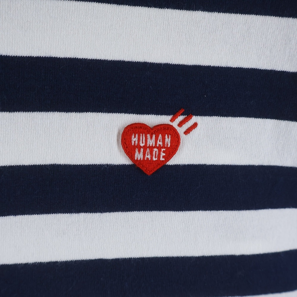 HUMAN MADE(ヒューマンメイド) 胸元ワンポイントロゴ刺繍 ストライプ クルーネック長袖Tシャツカットソー ホワイト/ネイビー