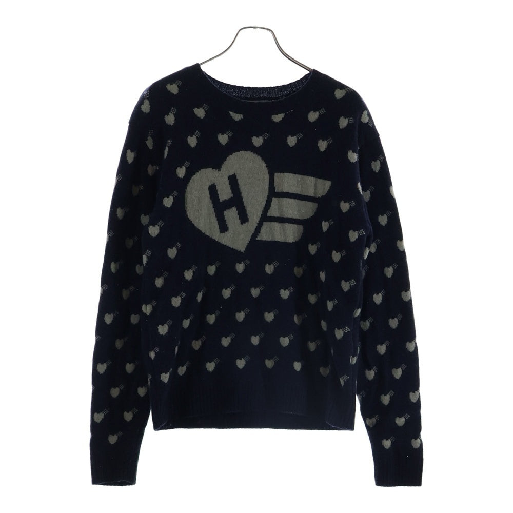 HUMAN MADE(ヒューマンメイド) HEAT KNIT SWETER ハートニットスウェット クルーネック長袖セーター 総柄 ネイビー