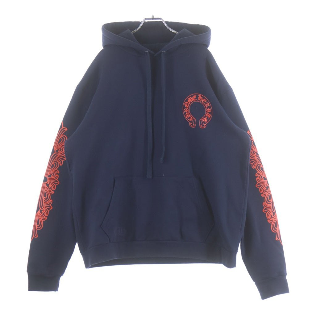 CHROME HEARTS(クロムハーツ) SWTSHRT HD PLVR バックホースシュー袖フローラルプリント プルオーバーパーカー フーディ ネイビー/レッド